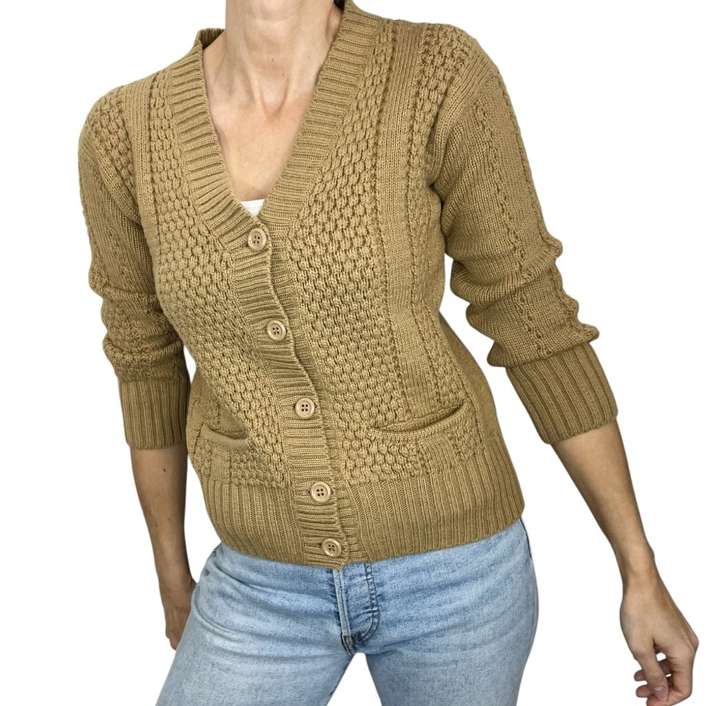 Vintage Jousse Paris Italian made wool blend tan fitted cardigan sweater